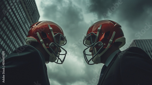 Businessmen in suits wearing football helmets facing off in a dramatic urban setting, symbolizing corporate competition and strategy under stormy skies with high-rise buildings - AI generated photo