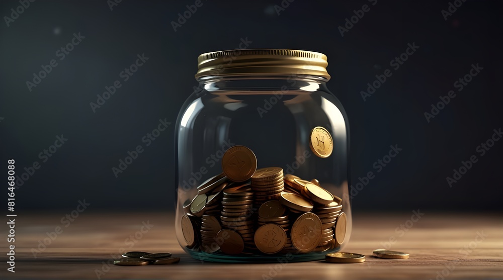 Coins in the jar for saving concept animation.generative.ai Coins in the jar for saving concept animation.generative.ai