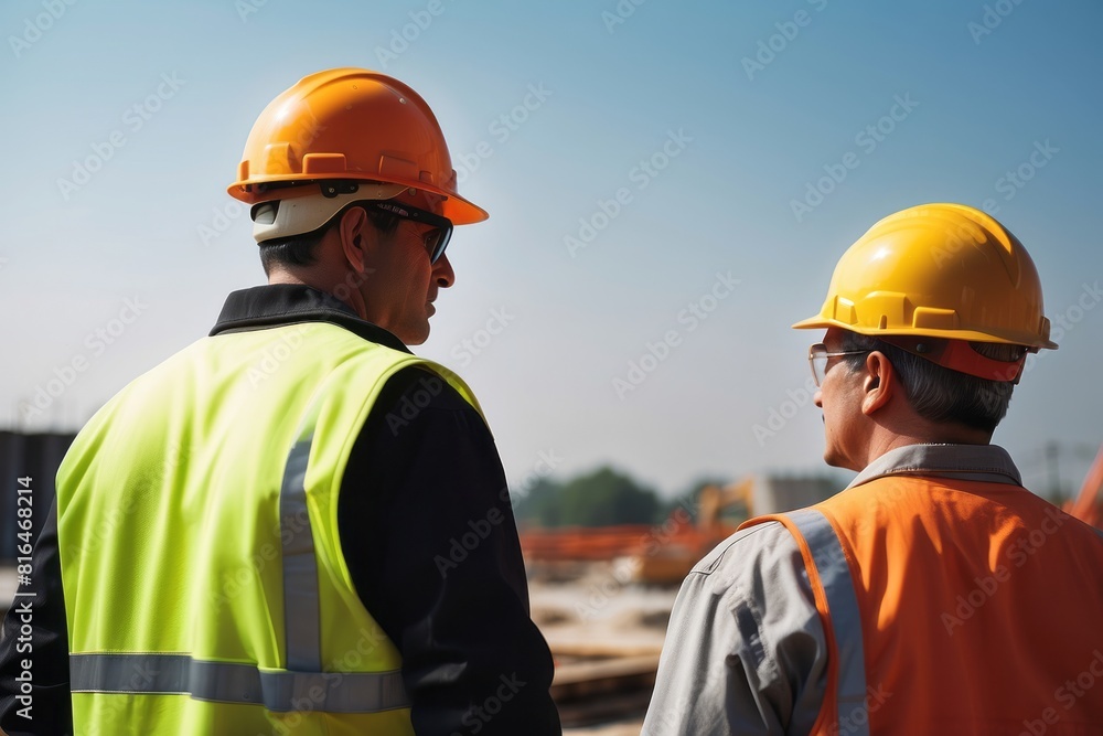 Project construction engineer at construction site, back view Project construction engineer at construction site, back view