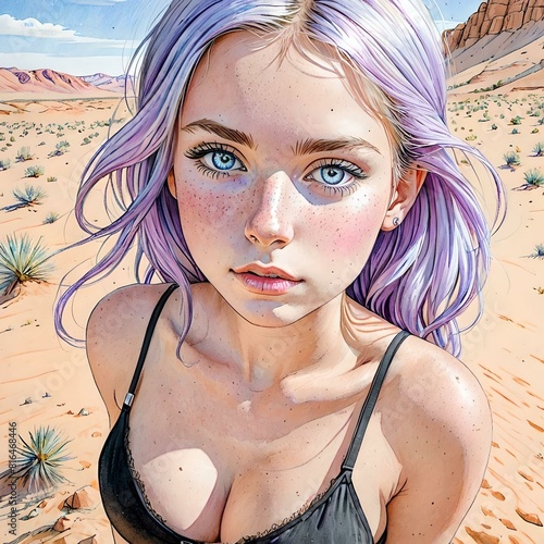 girl with a desert in the background. She wears a black bra. Her beautiful blue eyes with violet tones, a couple of freckles on her face spread across her pink cheekbones and her cheeks.