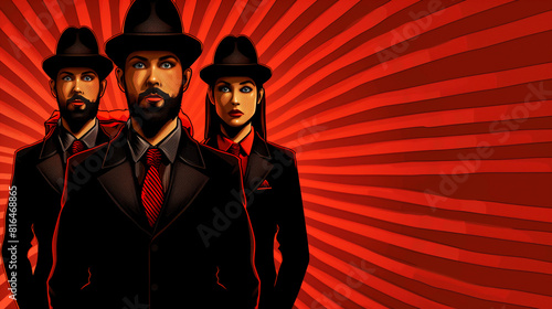 Three men and a woman stand in front of a red background photo