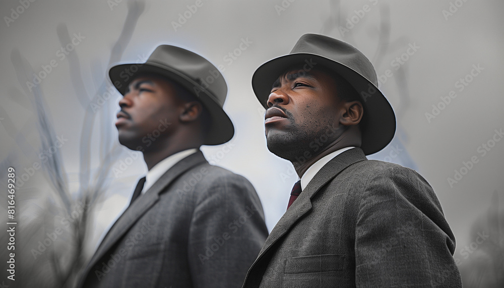 Two determined gentlemen in old fashioned clothing stand with determination, their eyes fixed on the horizon, representing the struggle for equality during the civil rights movement era Two determined gentlemen in old fashioned clothing stand with determination, their eyes fixed on the horizon, representing the struggle for equality during the civil rights movement era
