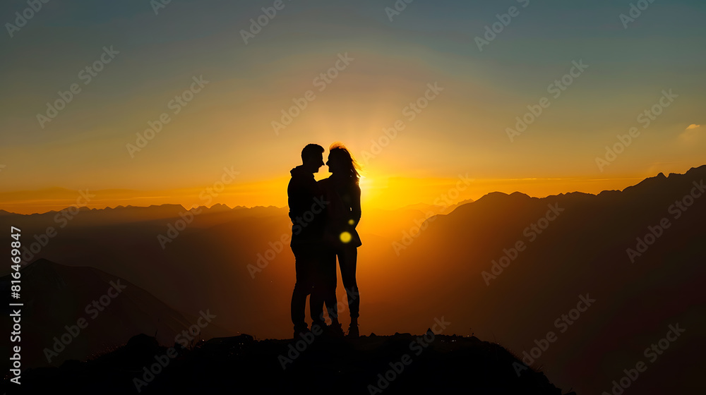 Silhouette of a couple during a morning sunrise in the mountains of Italy : Generative AI