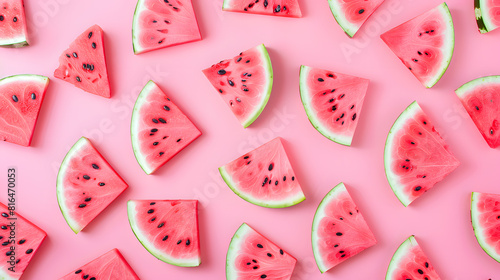 Creative summer pattern made of watermelon slices on a pink background in a minimal flat lay top view concept