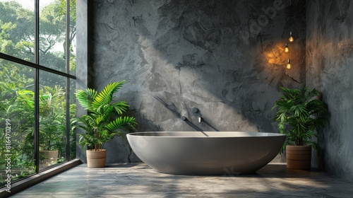 A mockup in 3D showing a modern luxury bathroom with a dark marble background  bathtubs  indoor plants  and a bathtub with dark marble edging.
