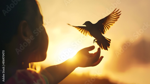 silhouette of bird flying out of Girl child hand on beautiful backgroundfreedom concept International Working Womens Day : Generative AI © Generative AI