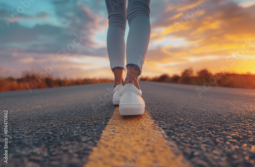 Person walking on a road at sunset  focusing on white sneakers and the yellow road line  symbolizing journey  adventure  and exploration in a serene countryside setting - AI generated