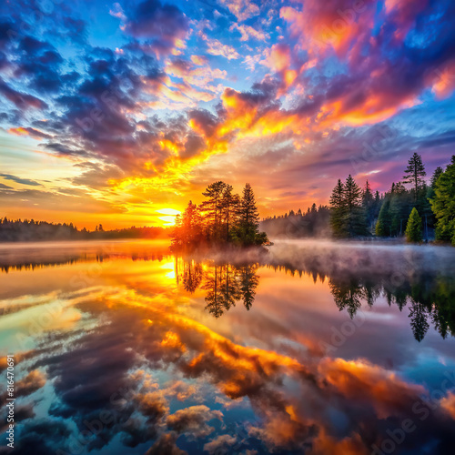 A dramatic sunrise over a mist-covered lake, with colorful reflections on the water's surface, creating a breathtaking spectacle.