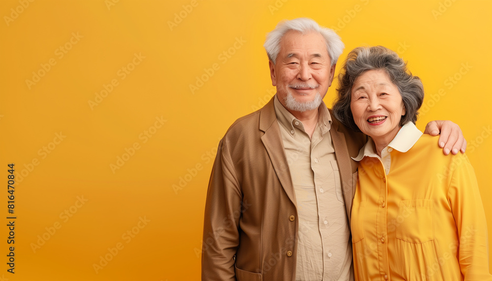 Happy old age Asian couple portrait on yellow isolated background with copy text space - ai generative Happy old age Asian couple portrait on yellow isolated background with copy text space - ai generative