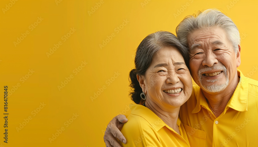 Happy old age Asian couple portrait on yellow isolated background with copy text space - ai generative Happy old age Asian couple portrait on yellow isolated background with copy text space - ai generative