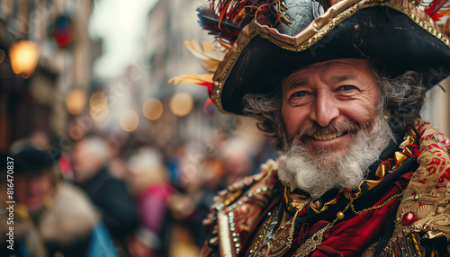 Jovial man dressed as a traditional town crier, with a feathered tricorn hat, participates in international town criers day festivities, representing historical communication with a smile photo