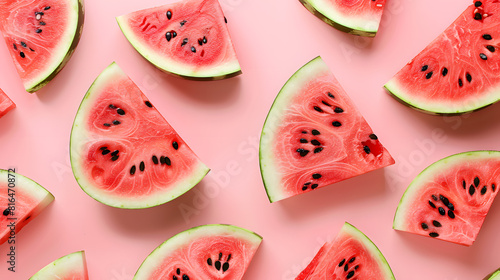 Creative summer pattern made of watermelon slices on a pink background in a minimal flat lay top view concept