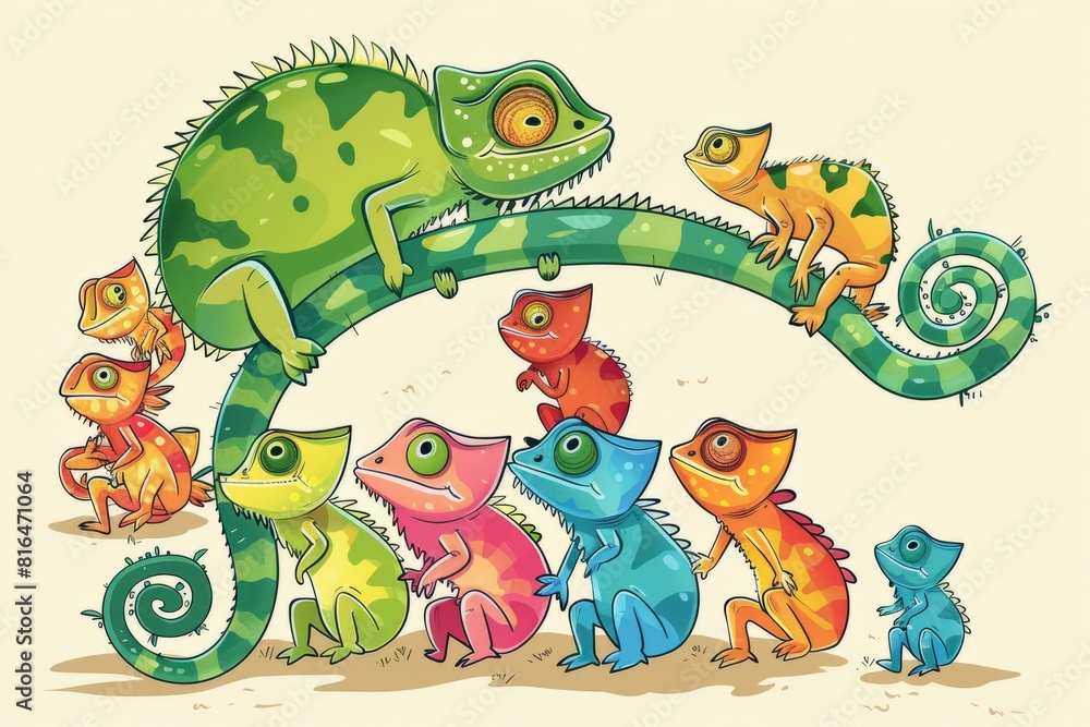 Obraz premium Cartoon cute doodles of a charming chameleon showing off its color-changing abilities to a group of amazed lizards, Generative AI