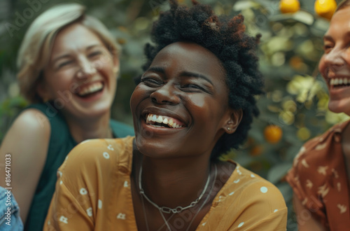 A group of friends laughing and smiling together outdoors, showcasing diversity in age, gender, skin tone, hair texture, body type, and facial hair styles like beards and ponytails