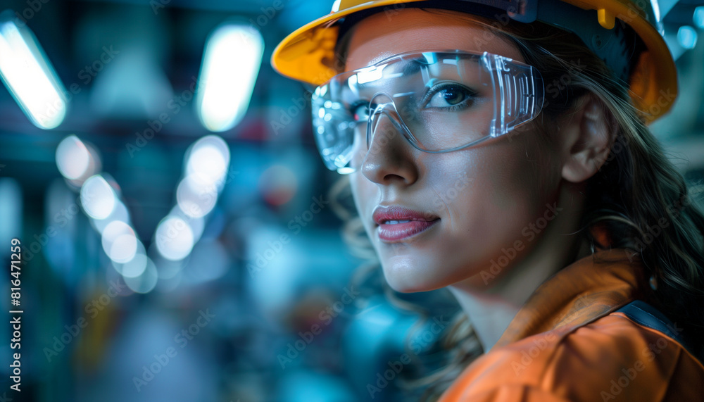 Confident female engineer with a safety helmet and protective glasses stands in an industrial environment, embodying the spirit of international women in engineering day Confident female engineer with a safety helmet and protective glasses stands in an industrial environment, embodying the spirit of international women in engineering day