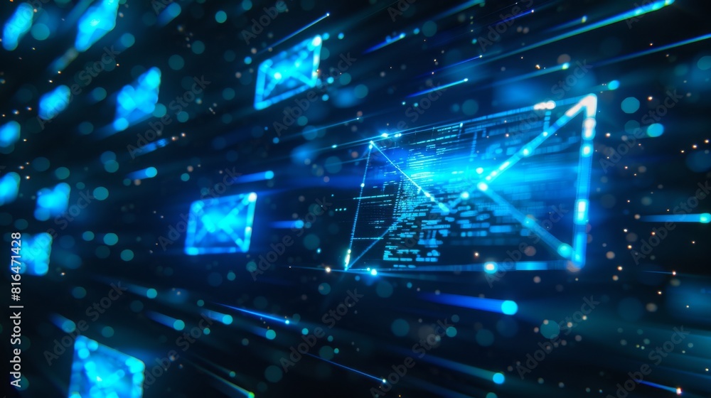 A digital explosion of blue waves and data lines on a Envelope backdrop A digital explosion of blue waves and data lines on a Envelope backdrop