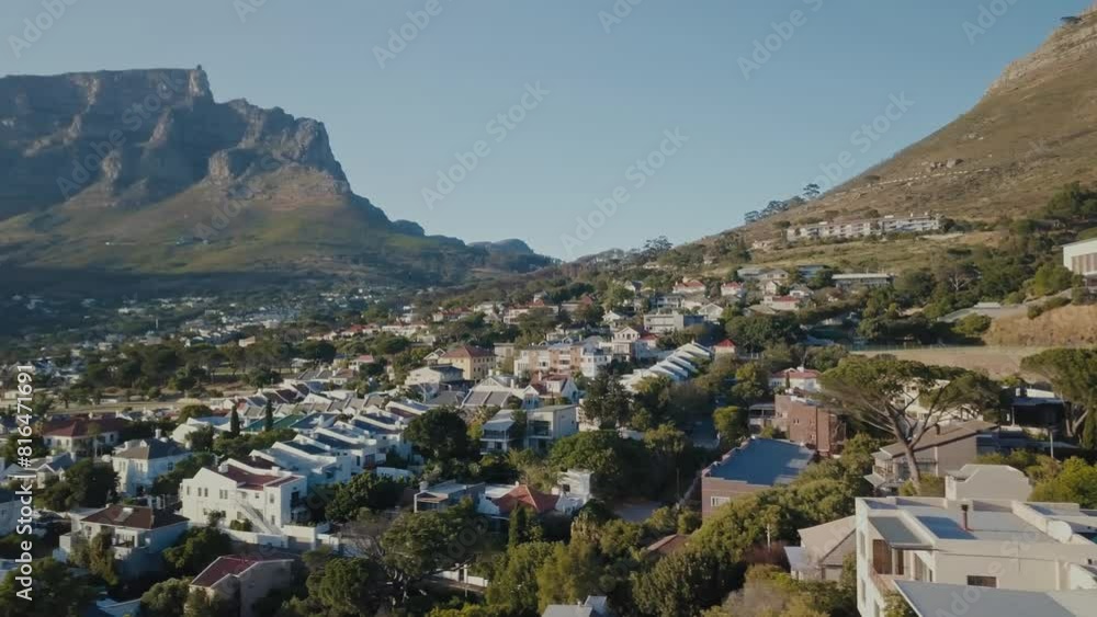 Drone flying over scenic urban area of Cape Town South Africa