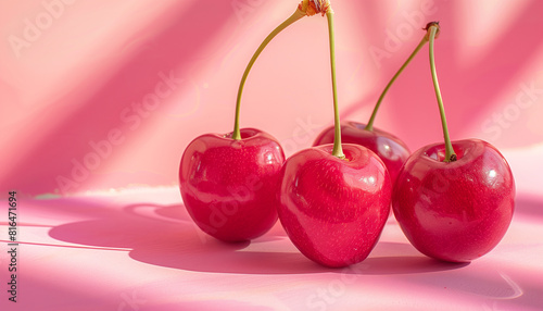 Sumptuous closeup view of glossy red cherries with stems on a pink background, beautifully illuminated to celebrate national cherry day