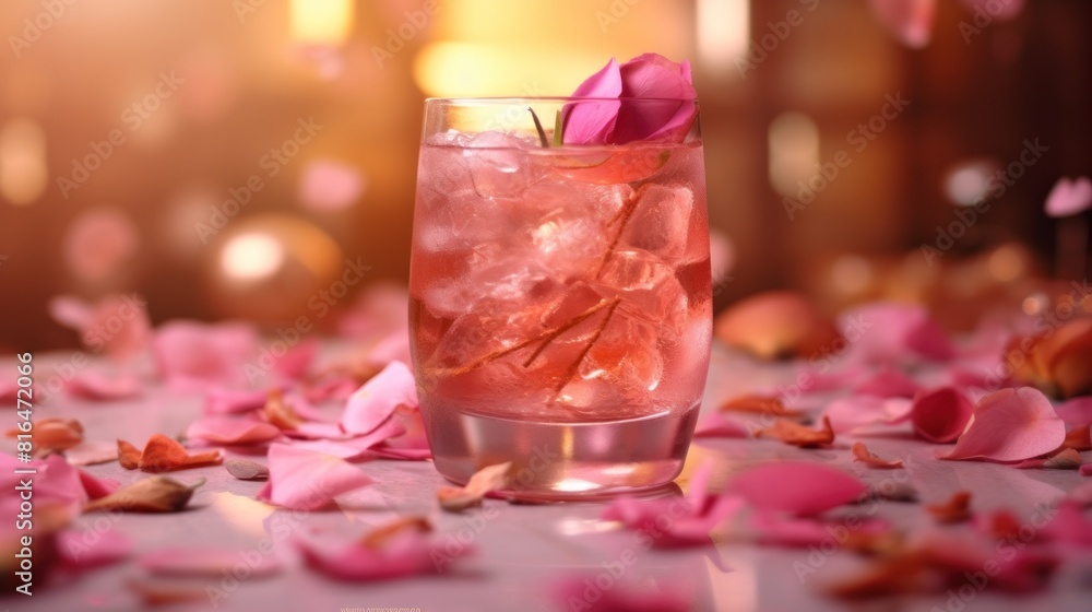 The glass is filled with ice and decorated with pink rose petals. The glass is placed on a shiny surface, with a soft light background The glass is filled with ice and decorated with pink rose petals. The glass is placed on a shiny surface, with a soft light background