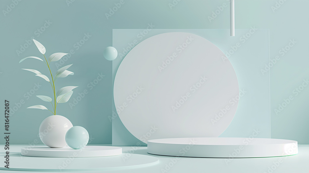 Minimal scene with podium and abstract background. Pastel blue and white colors scene. Trendy 3d render for social media banners, promotion, cosmetic product show. Geometric shapes interior . Minimal scene with podium and abstract background. Pastel blue and white colors scene. Trendy 3d render for social media banners, promotion, cosmetic product show. Geometric shapes interior .