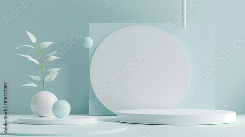 Minimal scene with podium and abstract background. Pastel blue and white colors scene. Trendy 3d render for social media banners, promotion, cosmetic product show. Geometric shapes interior .