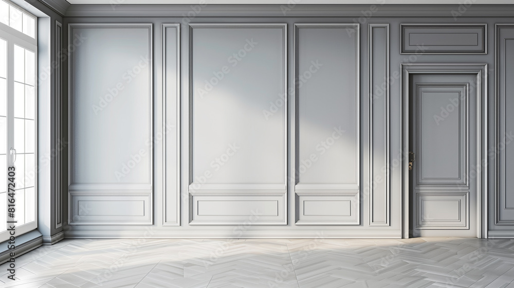 Gray classic interior with moldings, blank wall. 3d render illustration mockup. Gray classic interior with moldings, blank wall. 3d render illustration mockup.