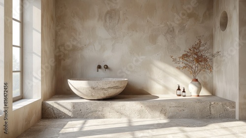 Stylish minimalist bathroom with natural stone countertop and white sink attached to a white wall. This mockup-ready countertop can be used to display bathroom products.