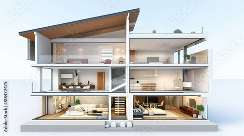  Modern home cross section, 3d rendering