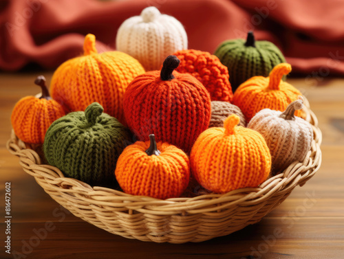 A Cozy Autumn Display of Handcrafted Pumpkins in a Rustic Basket
