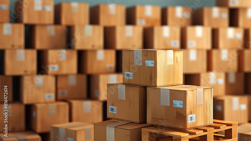 Cardboard boxes on pallet delivery and transportation logistics storage 3d render image.