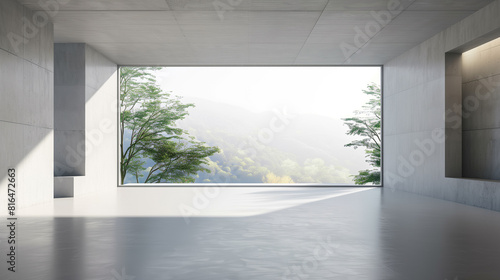 3d render of empty concrete room with large window on nature background..