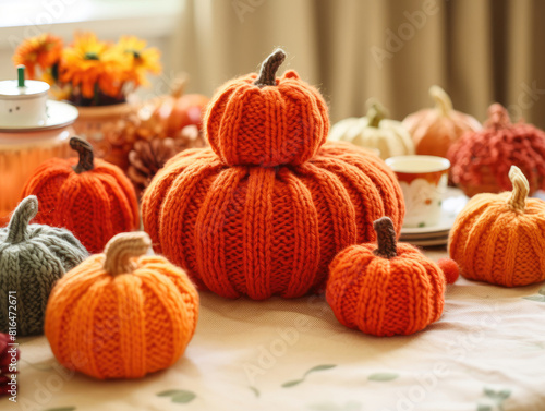 Table Set with Festive Knitted Pumpkins and Thanksgiving Decorations