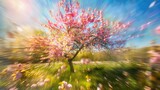 Blooming tree against a sunny backdrop with spring flowers and an orchard in abstract blur