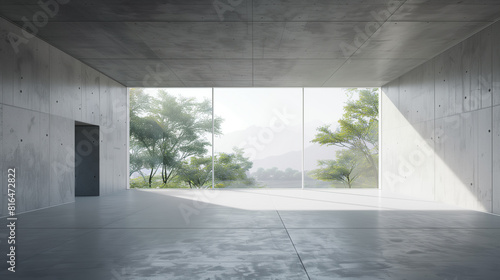 3d render of empty concrete room with large window on nature background..