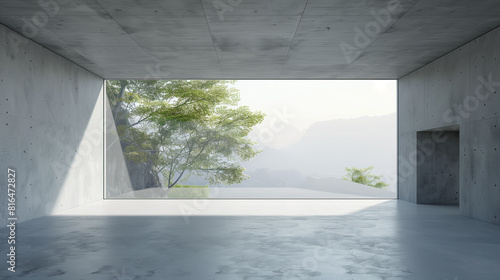 3d render of empty concrete room with large window on nature background..