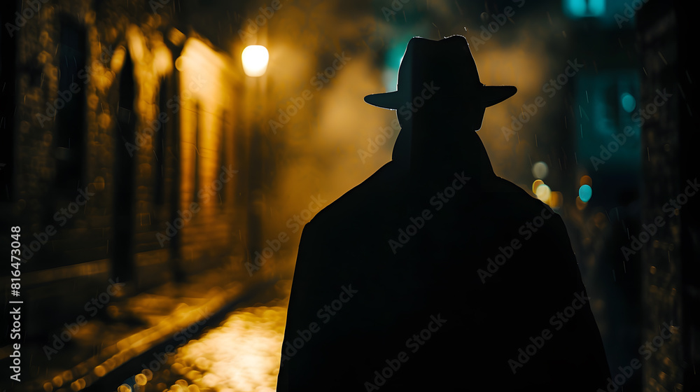 Fototapeta premium Silhouette of a man in a coat and hat in a dark alley on a rainy night theme of violence and cruelty blur effect : Generative AI
