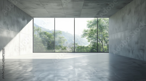 3d render of empty concrete room with large window on nature background..
