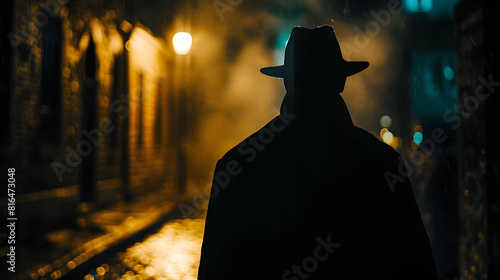 Silhouette of a man in a coat and hat in a dark alley on a rainy night theme of violence and cruelty blur effect : Generative AI
