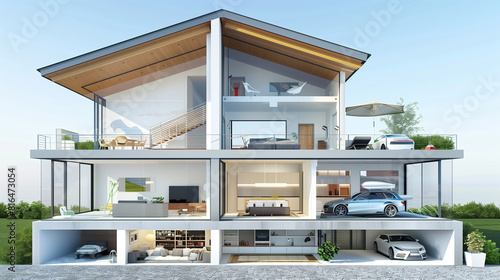  Modern home cross section, 3d rendering