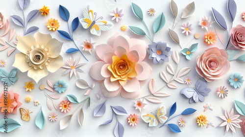 3d render, horizontal floral pattern. Abstract cut paper flowers isolated on white, botanical background. Rose, daisy, dahlia, butterfly, leaves in pastel colors.