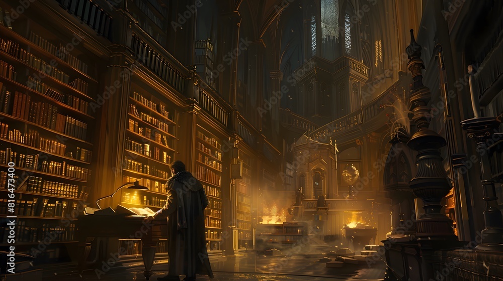 A man in romance library at night