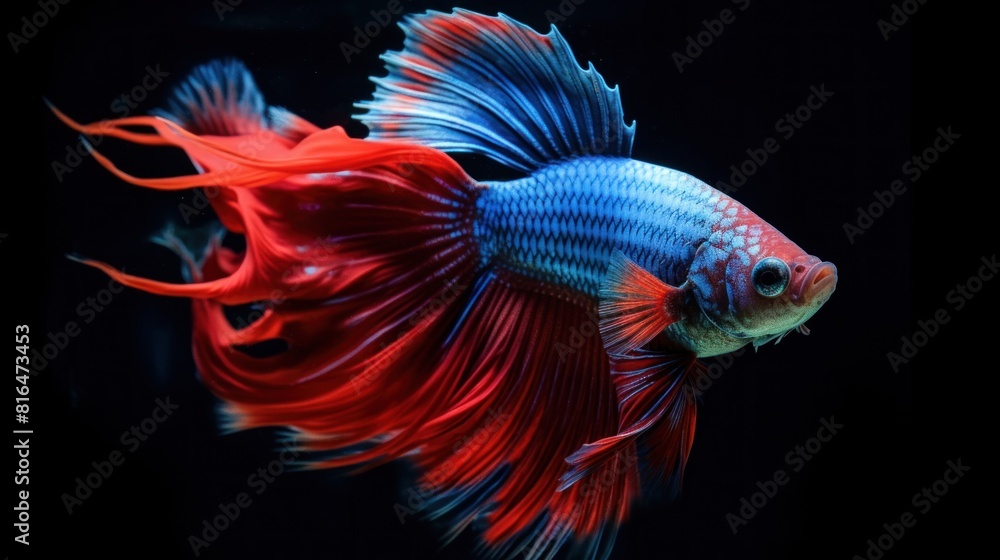 beautiful betta fish on dark background. This fish has blue scales and flared red fins, creating a striking color contrast. beautiful betta fish on dark background. This fish has blue scales and flared red fins, creating a striking color contrast.