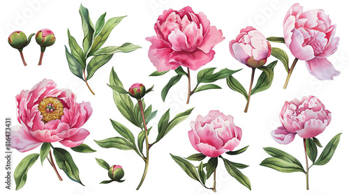 Generative ai watercolor set of pink peonies, buds, branches, green leaves and field branches with flowers © PhetcharatBiRTH