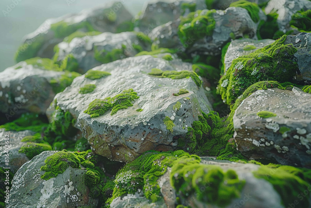 Moss forming patterns on rocks, concept of natural artistry, focus on, coastal cliffs, futuristic, Composite, sea spray