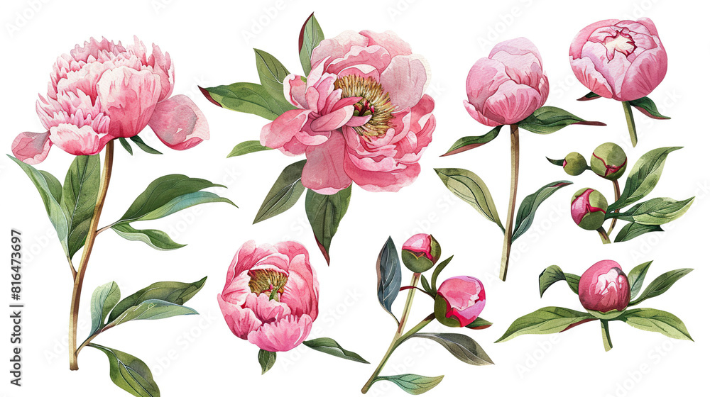 Generative ai watercolor set of pink peonies, buds, branches, green leaves and field branches with flowers Generative ai watercolor set of pink peonies, buds, branches, green leaves and field branches with flowers