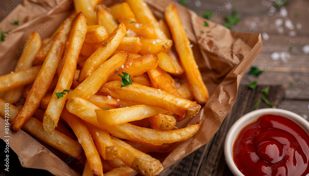 Appetizing image capturing the essence of national french fry day with a serving of golden, crispy fries in a paper cone alongside a side of ketchup Appetizing image capturing the essence of national french fry day with a serving of golden, crispy fries in a paper cone alongside a side of ketchup