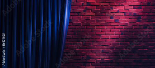 small stage concept with blue curtain and modern brick wall. theater or stand up comedy background photo