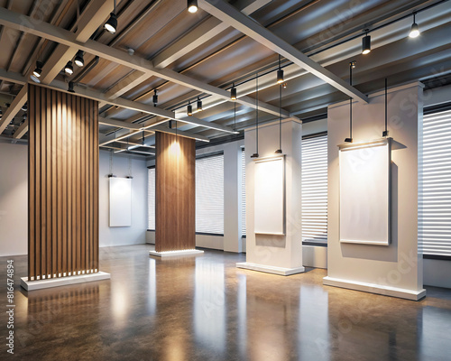 A conceptual interior design featuring an exhibition space with an empty gallery wall  linear blinds  and mock-up banners  designed for showcasing art and visual displays.