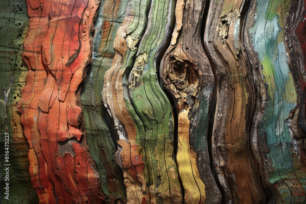 Abstract wood background inspired by atmospheric perspective, wood pins coloured with reds, greens, browns, and yellows.