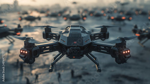 Drones and combat: Soldiers use drones in combat. Drone technology, military bases and equipment. © VRAYVENUS